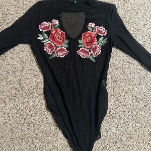Love culture Mesh Black Bodysuit with Floral Embroidery